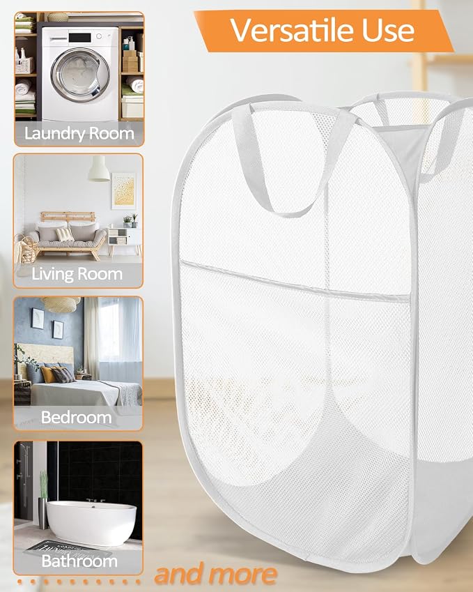 2 Pack Durable Collapsible Laundry Baskets - Reinforced Mesh Pop Up Laundry Hamper with Pocket, Foldable Dirty Clothes Hamper with Carry Handles for Laundry, Bathroom, Kids Room, Dorm or Travel White