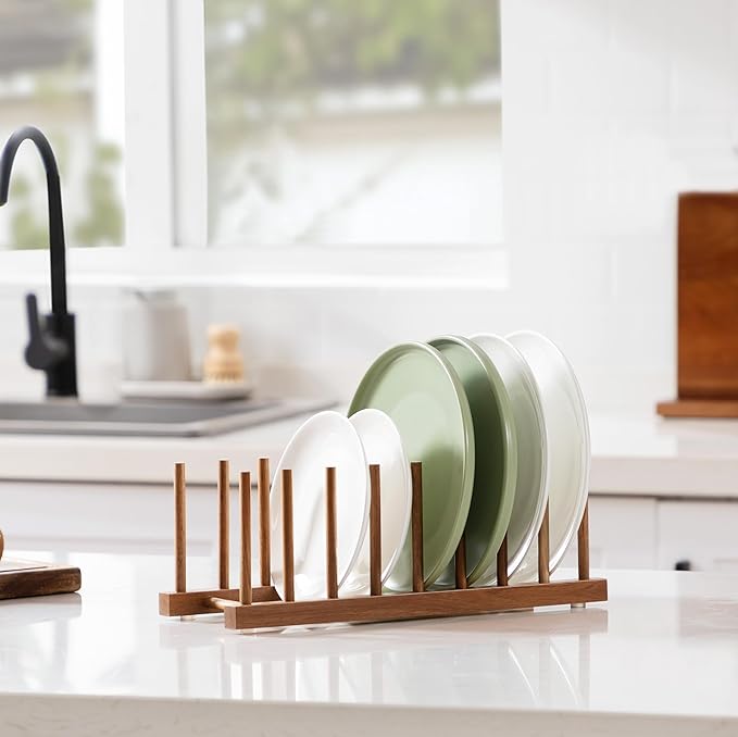 HBlife 2pcs Acacia Wooden Dish Dying Rack Pot Lid Plate Organizer Holder for Cabinet, Cutting Board Stand Drainer Storage Plate Rack for Dish, Pot Lid, Bowl, Cup, Cutting Board and Books