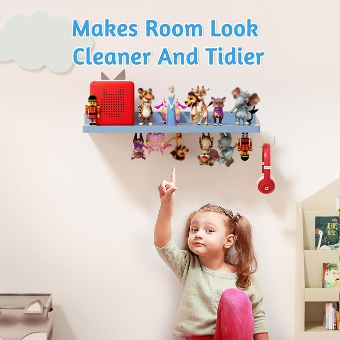 for Tonies Shelf Magnetic - 1 Tier Wooden Tonies Figure Organizer, Blue | Tonies Box Holder, Magnetic Display Shelf for Kids Room, Wall Floating Shelves Toy Storage Compatible Charging Station