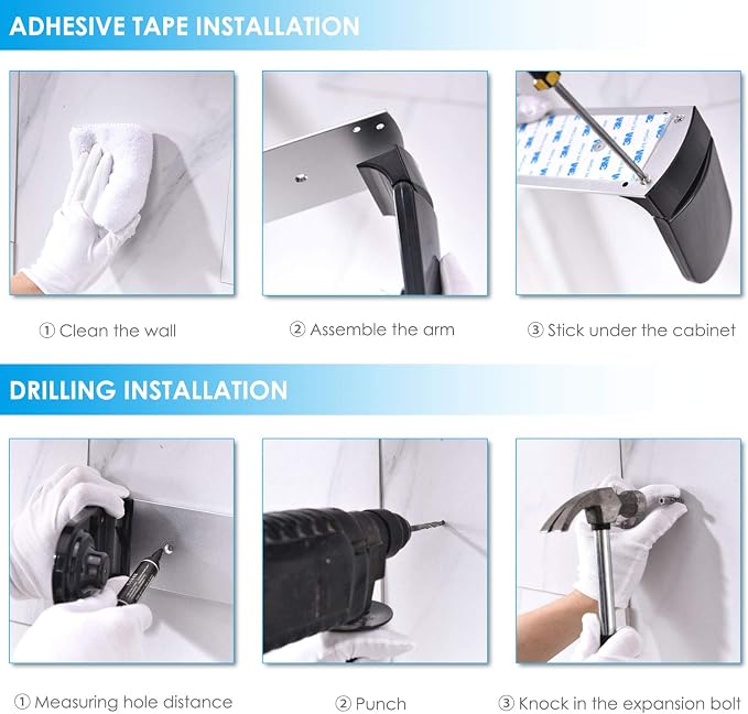 simpletome ONE Hand Tear Paper Towel Holder Under Cabinet Adhesive or Drilling Installation Aluminum Alloy + ABS (Black) | tension arms, tear one/more sheets at one time | aluminum alloy+abs | adhesive or drilling for wall/cabinet | for 28cm roll