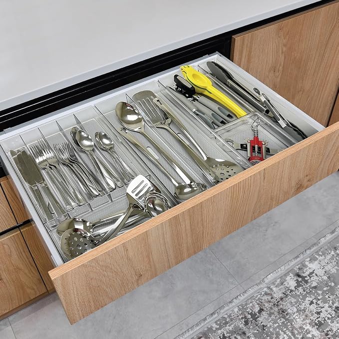 Glad Drawer Organizer Bin, 15x9 - Divided Clear Plastic Storage Tray for Junk Drawers, Kitchen Utensils, Bathroom Vanity, and Organizing Pantry - BPA Free, Food Safe, Non Slip