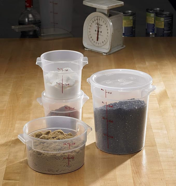 Lumintrail Cambro 4 Quart Round Food Storage Container, Translucent, with a Translucent Lid, 2-Pack, Bundle with a Measuring Spoon Set