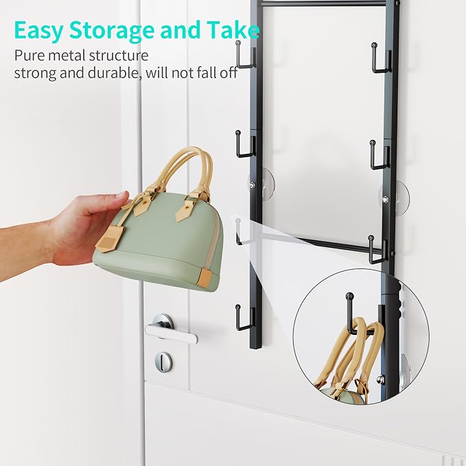 HapiRm Over The Door Purse Organizer - Wall Mounted Purse Rack with 10 Hooks and Metal Basket, Hanging Handbag Organizer Holds up to 10 Bags, Bag Rack Can Use As 1/2 Part, for Door, Closet (Black)