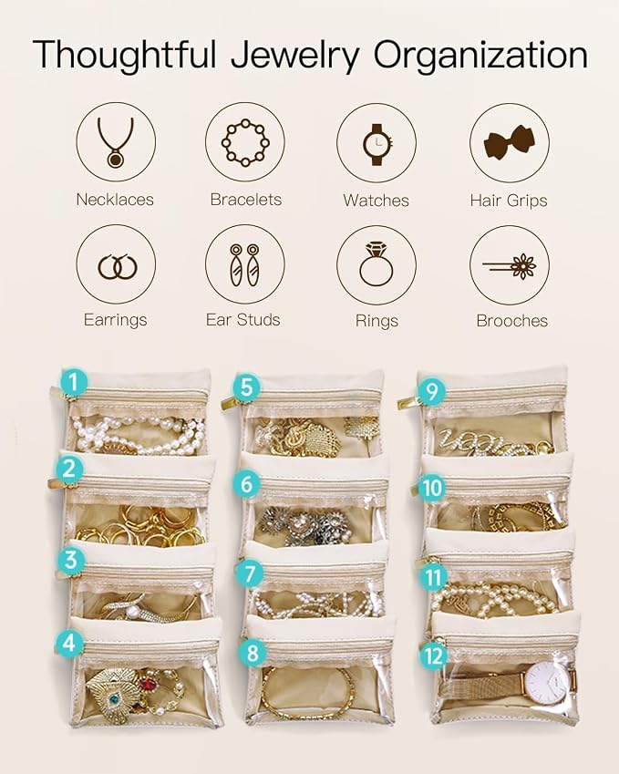 VLANDO Jewelry Travel Case,Travel Jewelry Organizer with Clear Velvet Jewelry Bags 12Pcs Zipper Pouch for Women Girl Gift-Green
