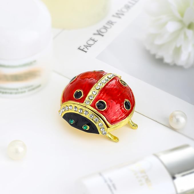 YU FENG Ladybug Figurine Trinket Box Hinged Crystals Jeweled Small Cute Animal Jewelry Boxes Collectible
