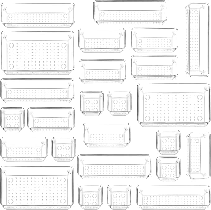 25 PCS Clear Plastic Drawer Organizers and Dividers, 4 Sizes Stackable Drawer Storage Bins and Organizer Trays for Bathroom, Kitchen, Office, Makeup, Vanity, Utensils, and Crafts