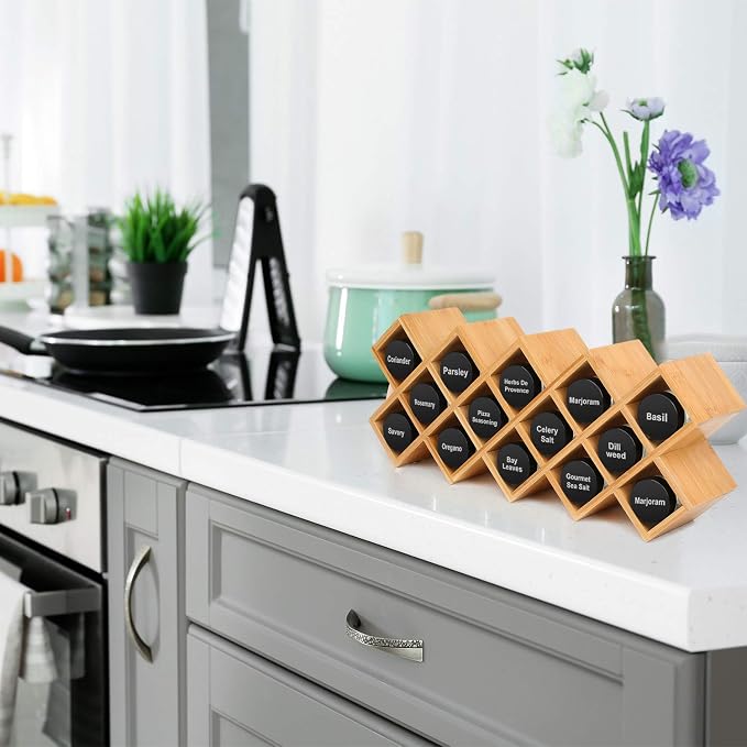 Phyllia Bamboo Spice Rack Organizer 4-Tier Countertop Organiser, Criss-Cross Kitchen cabinet Free-Standing Countertop Storage shelf Fit for Spice Jar, Can, Bottle (Jars Not Include)