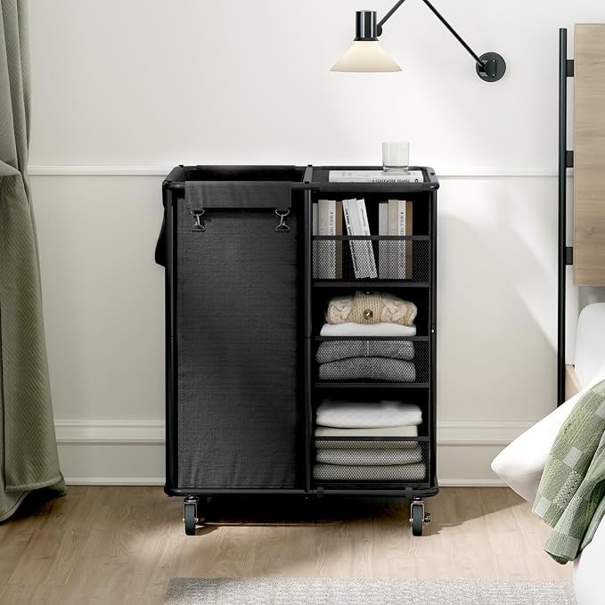 WOWLIVE Laundry Sorter with Wheels, 100L Rolling Laundry Hamper | Laundry Cart with Steel Frame, Laundry Basket with Hanging and Removable Bag, Storage Unit Basket Organizer for Dorm, Black