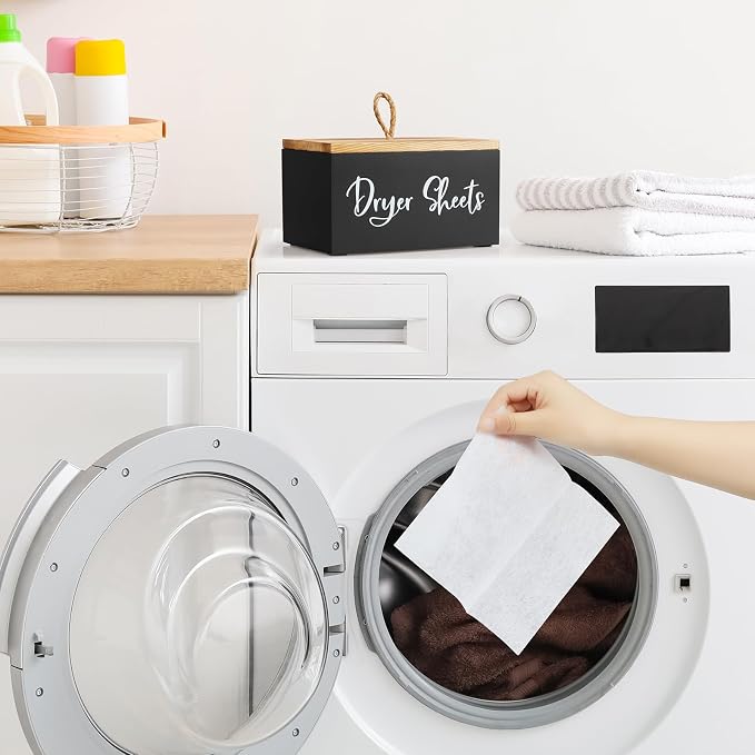 Bivvclaz Dryer Sheet Holder, Wooden Laundry Sheets Container, Laundry Room Organization and Storage for Farmhouse Laundry Room Decor and Accessories, Fabric Sheet Holder, Black