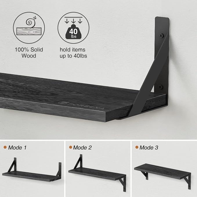 Forbena Large Floating Shelves for Wall 24 Inch Long Set of 3, 8 in Deep Wall Bookshelf for Bedroom Living Room, Wooden Heavy Duty Hanging Book Shelves for Office Kitchen Closet Storage (Black)