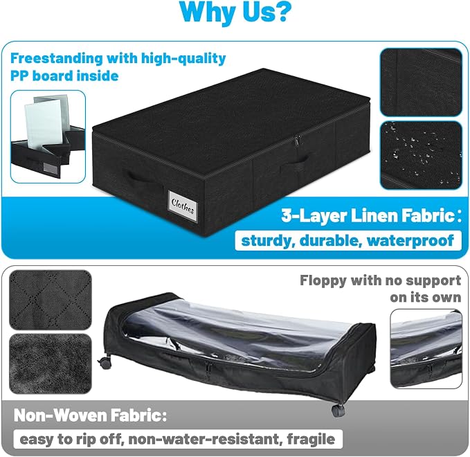 Under Bed Storage Container Bins 2 Pack, 5 Inch Thin Low Profile Underbed Clothes Storage Organizer for Dorm & Home, Use for Blanket and Toy Storage Box W/ Sturdy Bottom/Sides, Foldable Thick Fabric