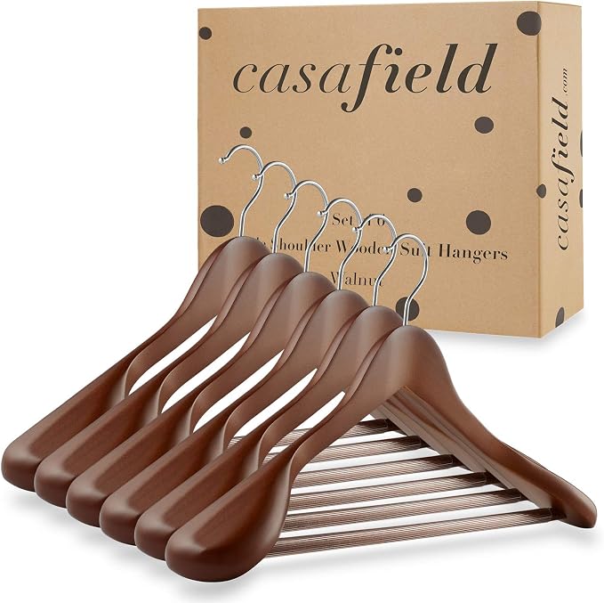 Casafield - 6 Walnut Wide Shoulder Wooden Suit Hangers - Premium Lotus Wood, Non-Slip Pant Bar & Chrome Swivel Hook for Dress Clothes, Coats, Jackets, Pants, Shirts, Skirts