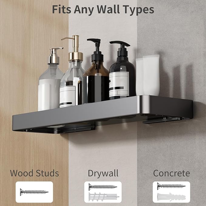 Danpoo 16-Inch Wall Shelf, Clear Tempered Glass with Matte Black Aluminum Frame – Sleek Floating Bathroom Organizer