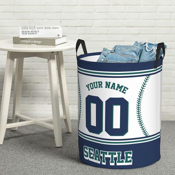 Custom Seattle Laundry Hamper Personalized Laundry Basket Customized Name And Number Collapsible Storage Basket for Bedroom Bathroom Living Room Baseball Fan Gifts