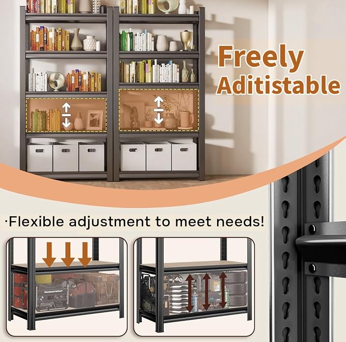 Large Capacity 5-Shelf Bookcase - Industrial Metal Bookshelf Tall & Adjustable, Ideal for Library/Office/Living Room, Black