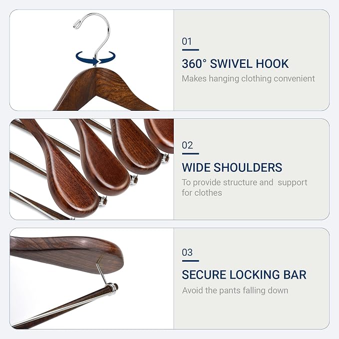 Amber Home 6 Pack Wide Shoulder Wooden Suit Hangers, Retro | Retro Wood Coat Hangers with Non Slip Locking Bar, Clothes Hangers for Jackets, Sweaters, Pants & Heavy Clothes