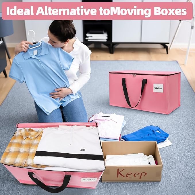 8 Pack Extra Large Heavy Duty Moving Bags with Reinforced Zipper & Wide Carrying Handles, Bright Red Large Capacity Storage Totes for Whole House Packing, Dorm Moves & Event Organization, Pink
