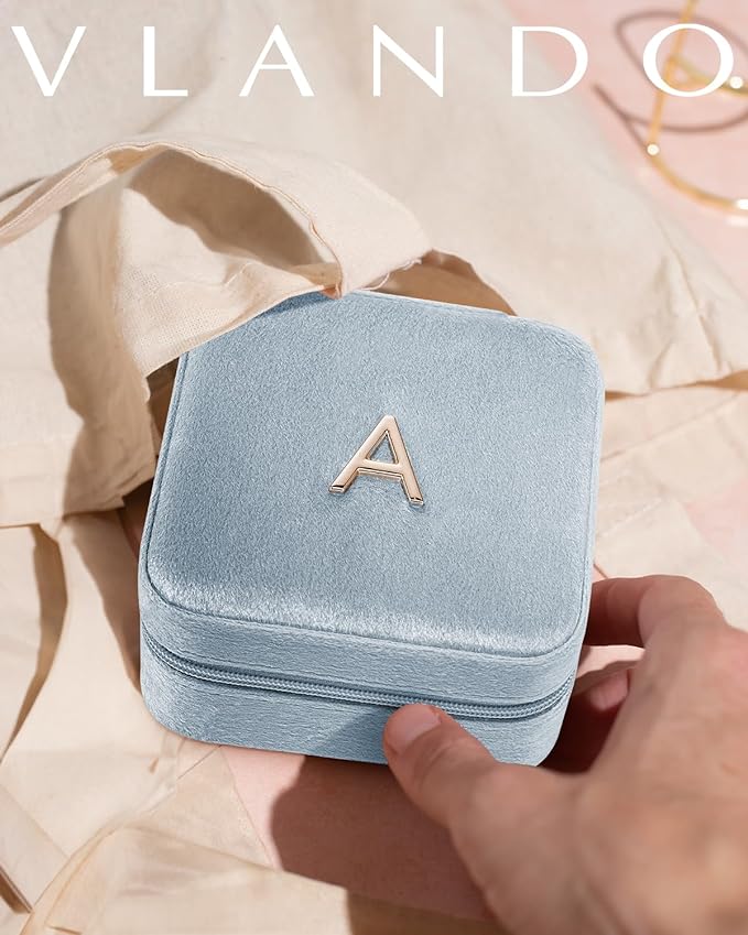 VLANDO Easter Gifts for Girls 8-12, Travel Jewelry Case for Girl Women, A Initial Jewelry Case, Mini Jewelry Travel Organizer Travel Essentials for Gifts for Friend Teen Girls - Letter A, Blue