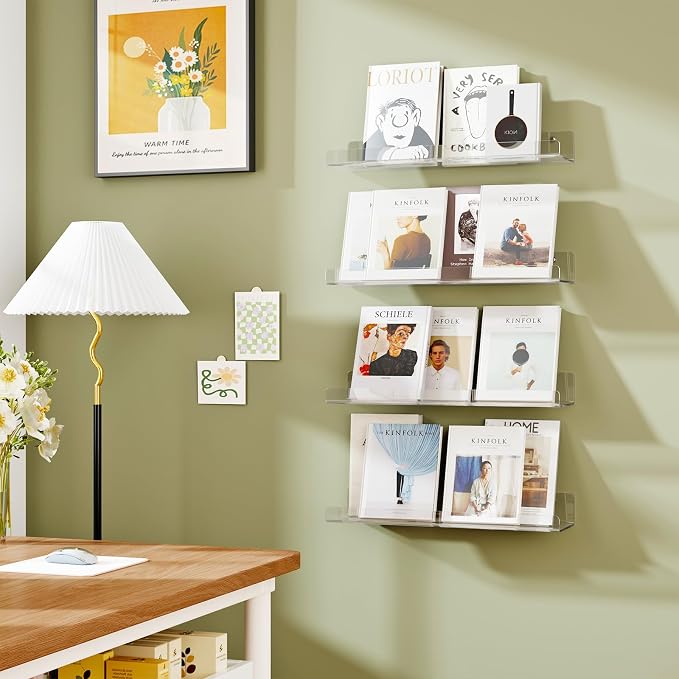 Dooiclear 2 Pack Floating Shelves for Wall, 15" Clear Floating Wall Shelf | Acrylic Book Shelf, Display Shelves Organizer for Bathroom, Classroom, Bedroom, Living Room, Kitchen, Room Decor