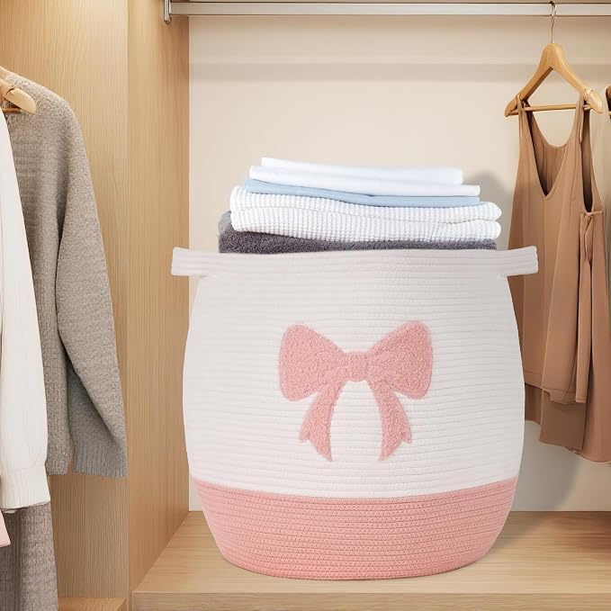 Large Baby Laundry Hamper, Pink Bow Laundry Basket for Baby Girl, Toy and Blanket Storage Basket for Nursery and Playroom, Cotton Rope Hamper for Kids, 17.7"x15.7"