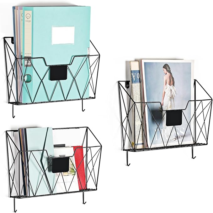 OYEAL Hanging Wall File Organizer, 6 Pockets Wall File Holder, Metal Mail Organizer Wall Mounted with Hooks for Papers, Folders, Office Magazine Rack, Black