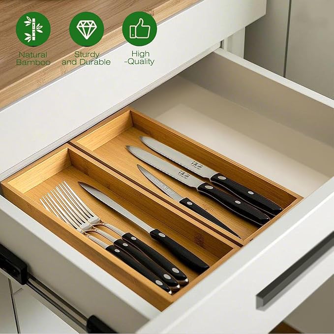 guiogc Bamboo Drawer Silverware Organizer, Utensil Organizer, Bamboo Storage Box Wood Silverware Tray for Drawer Set of 2