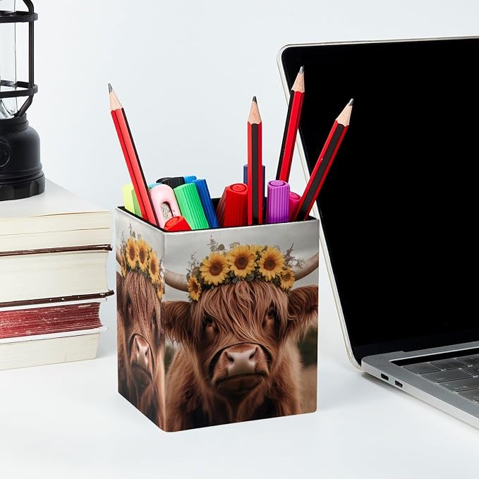 Pen Holder for Desk, Highland Cow Sunflower Pencil Holder, Pen Cup Functional Desk Organizer for Office Supplies