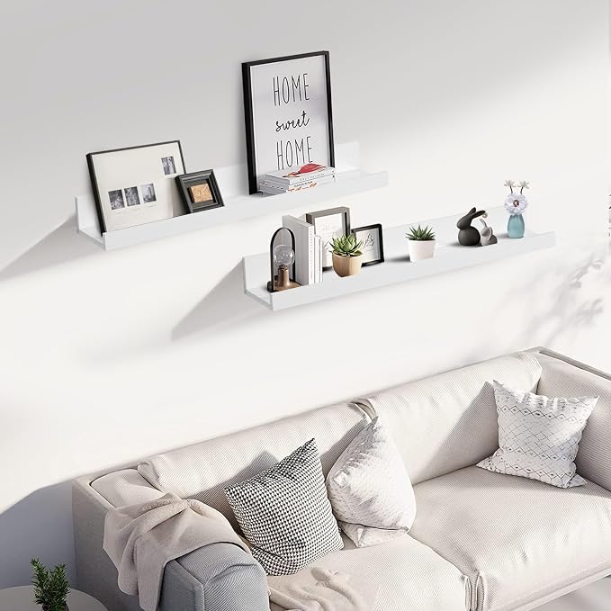 Muzilife 24" Small Floating Wall Ledge Shelves with Lip - Set of 2 Wood Floating Shelves - White Wall Mounted Picture Ledge for Office, Bathroom, Bedroom, Living Room, Kitchen