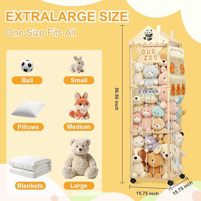 KITHELP Stuffed Animal Storage, Extra Large Stuffed Animal Organizer with Wheels, Wooden Tall Animal Zoo Display, Plushies Toy Holder with Lights and Pockets for Nursery, Playroom, Bedroom