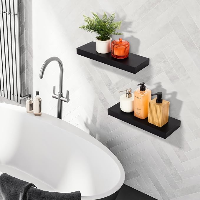 Sorbus Floating Shelves for Wall – 16 Inch Floating Shelf for Kitchen, Bedroom, Living Room, Bathroom, Home & Wall Decor - Mounted Bathroom Shelves with Invisible Brackets (Black, 3 Pack)