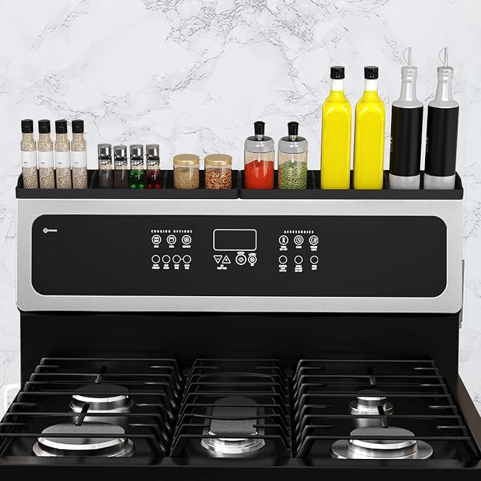 30 Inch Silicone Stove Top Shelf Magnetic for Kitchen, Strong Magnetic Heat Resistant Spice Rack Organizer for Over Stove Oven (Black-two part)