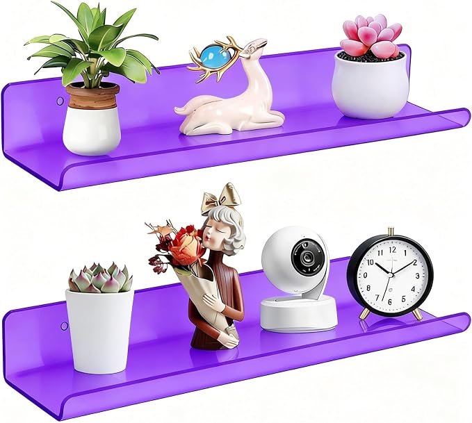 ROYALITA 2-Pack Acrylic Shelves Wall Mounted, 17 Inch Display Shelves | for Small Items Plants Organize Wall Shelves for Gaming Room, Bedroom, Living Room, Office, Purple