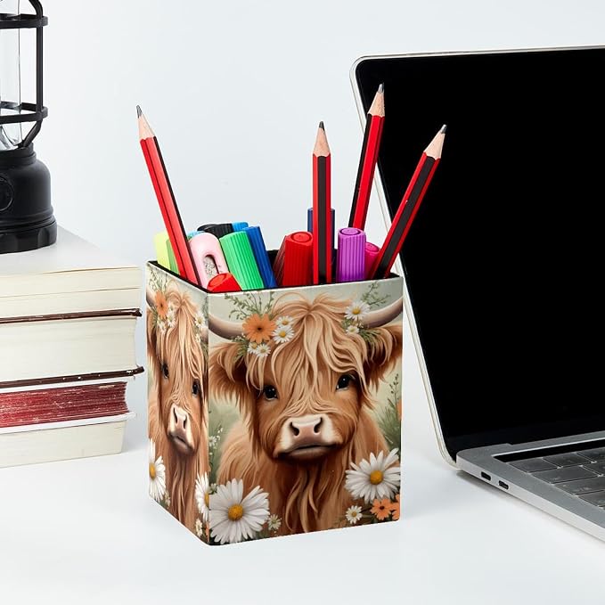 Pen Holder for Desk, Highland Cow Daisies Pencil Holder, Pen Cup Functional Desk Organizer for Office Supplies