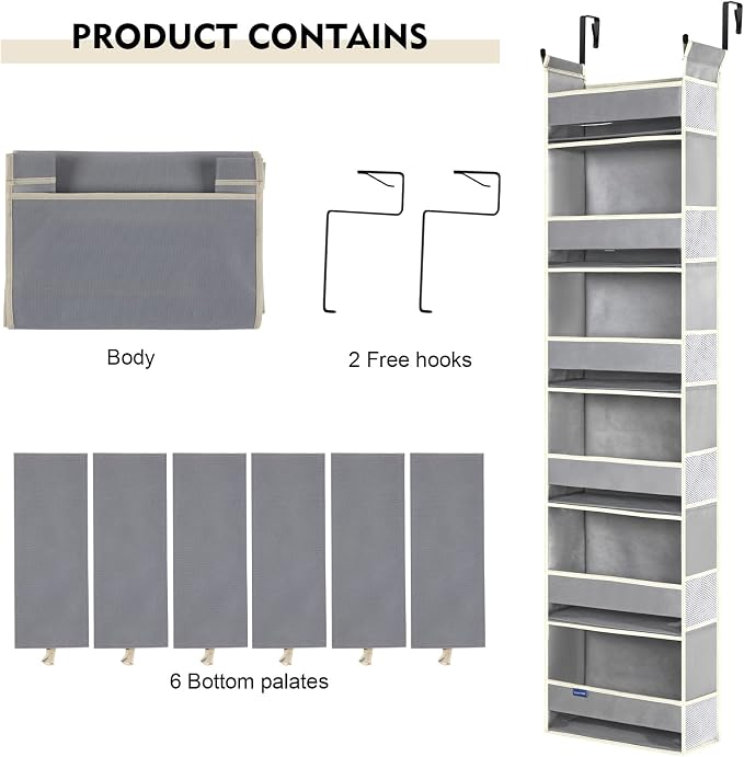 Over The Door Organizer 6-Shelves and 12 Side Pockets, Over The Door Storage for Bathroom Bedroom Nursery, Hanging Door Organizers for Baby Diapers and Kids Toys (13"x5"x54", Grey)