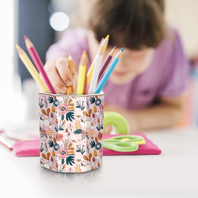 Ceramic Floral Pen Pot, Colored Pencil Container Cute Decor for Room, Office, School, University, Makeup Brush Holder for Girl Women Adult Teen Gift, Pink Flower