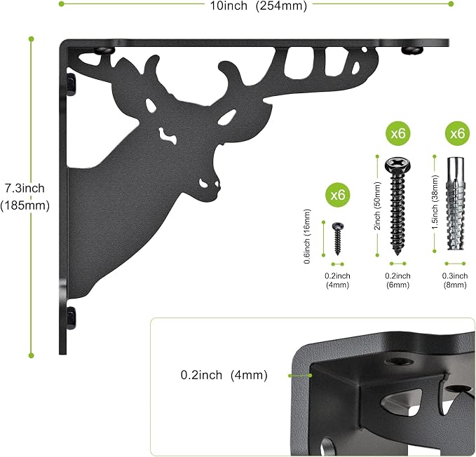 SELEWARE Heavy Duty Shelf Brackets 10 Inch, Deer Shelves Brackets, 300LB Capacity Decorative Metal L Brackets for Floating Shelves, Black Rustic Wall Mount Shelving Bracket with Screws, 2 Pack