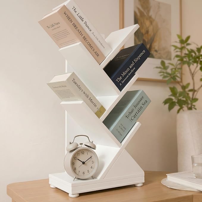 ruboka 5 Tier Tree Bookshelf, Small Bookcase 11.8"*7.4"*24" (White) | Retro Narrow Bookshelves for CDs/Magazines, Book Shelf for Bedroom, Living Room, Office, Balcony, Study Room