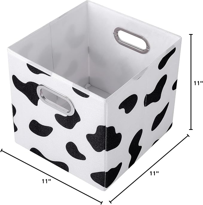 ANMINY Cow Print Cube Storage Bins with Handles, Washable, Collapsible | Cotton Linen Fabric, PP Plastic Board, Animal Print Decor, Storage Basket for Closet Shelf, 11 x 11 x 11 Inch, 2PCS