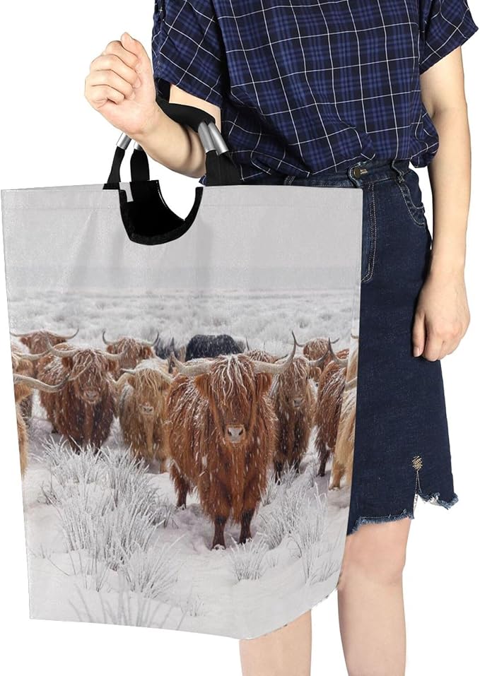 Winter Scottish Highland Cow Large Laundry Hamper Basket, Collapsible Laundry Bag Storage Bins Baskets with Handles for Laundry, Bedroom, Home Decor