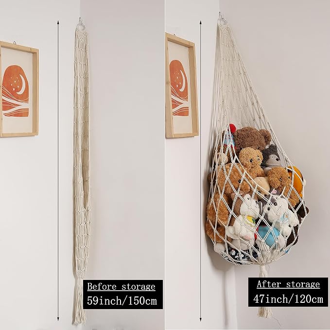 Amdermi Stuffed Animal Hammock Corner, Boho Macrame Plush Toy Storage Net for Wall, Hanging Stuffed Animal Holder for Nursery, Playroom, Kids Room, Cream