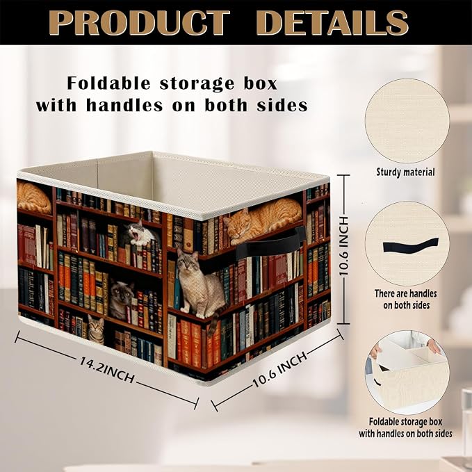 Vintage Cat Book Lovers Storage Bin Box with Handles, Retro Cat Bookish Foldable Organizer Basket for Reading Corner Room Library Bedroom Bathroom Home Clothes Books, Set of 2