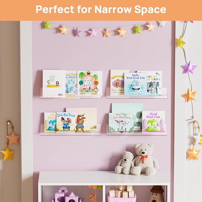 upsimples 4 Pcs 15" Acrylic Shelves for Wall Storage and Organizer, Clear | Transparent Design Highlights Skincare, Perfume, Easy-to-Find Versatile Floating Shelves for Bathroom, Bedroom and Playroom