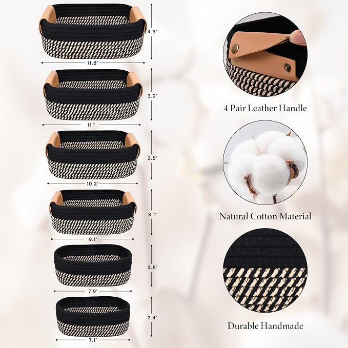 Storage Baskets for Organizing, Small Woven Basket Set of 6-4 Shelf Basket with Leather Handle and 2 Small Gift Baskets, Cotton Rope Basket for Shelves, Nursery, Dog Toy, Bathroom