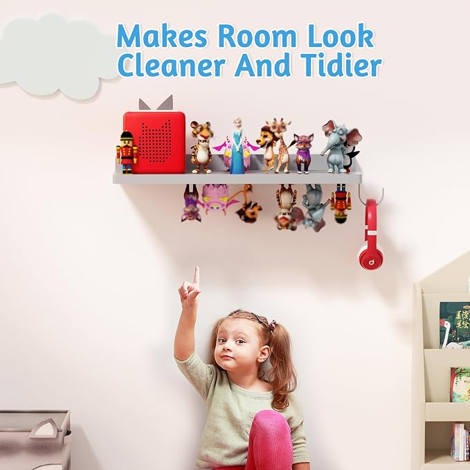 for Tonies Shelf Magnetic - Tonies Figure Organizer for Kids Room, Wooden Magnetic Display Shelf for Tonies Box Holder, Wall Floating Shelves Toy Storage Compatible Charging Station (1 Tier, Grey)