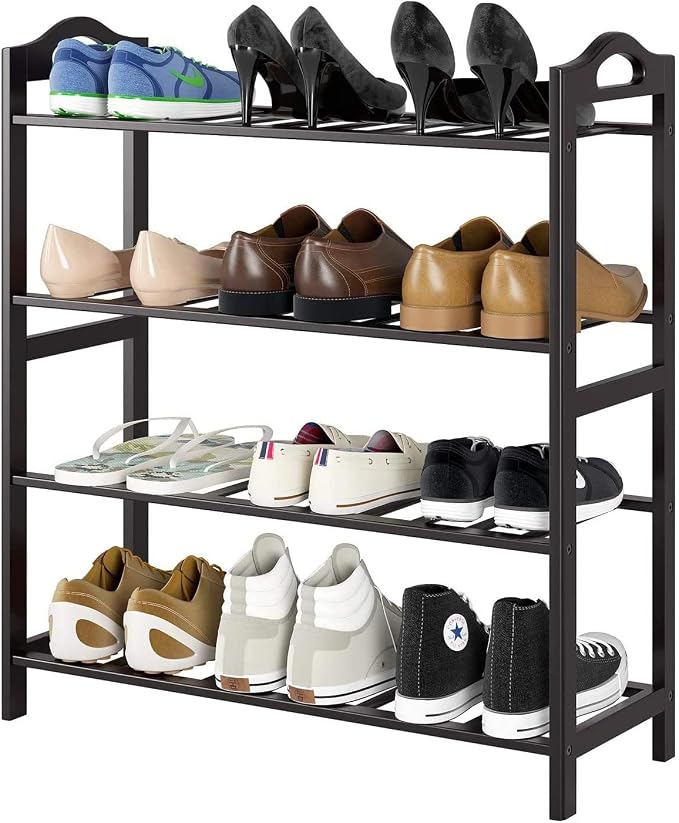 Bamboo Shoe Rack, 4-tier Shoe Shelf with Handle, Open Storage Shelf Organizer, Flower Stand for Entryway, Bathroom, Kitchen, Balcony and Garage, Dark Brown