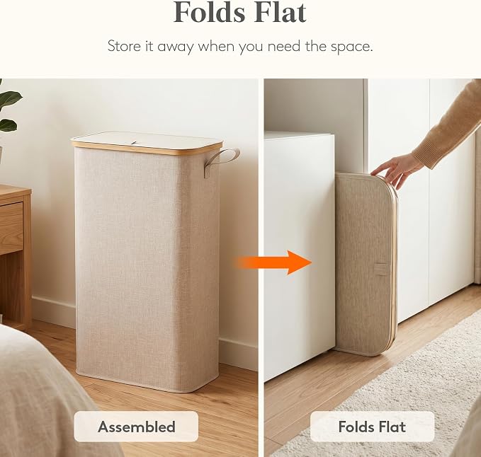 Lifewit 65L Slim Laundry Hamper with Lid, Narrow Laundry Basket with Removable Bag & Bamboo Handles, Fodable Thin Dirty Clothes Hamper for Laundry Collapsible Bin for Bathroom Bedroom Dorm, Beige