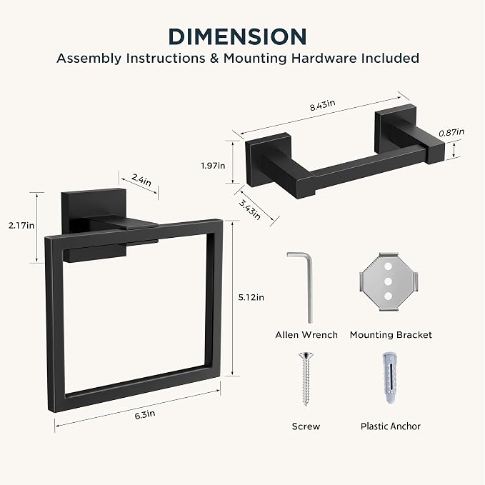 FORIOUS Toilet Paper Holder Set Wall Mount, SUS 304 Stainless Steel Pivoting Toilet Paper Holder and Towel Ring, Hand Towel Holder Set for Bathroom, Square Bathroom Hardware Set, Matte Black