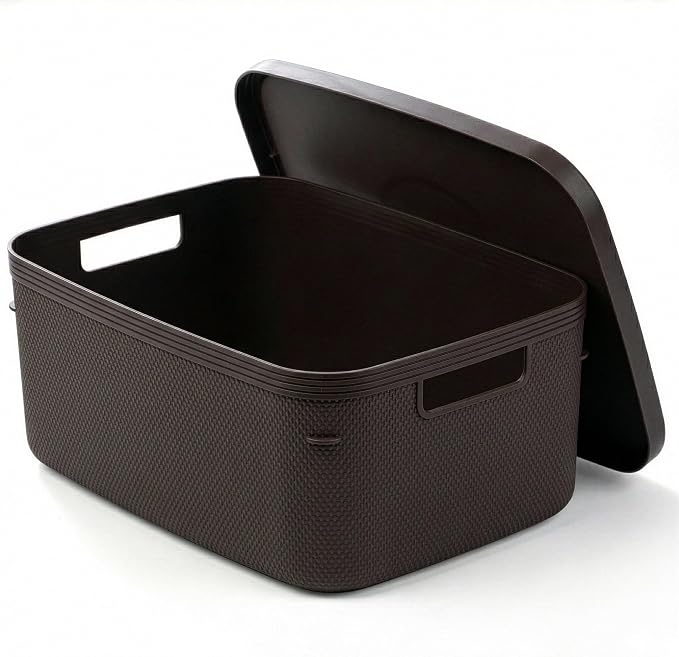 BINO | Plastic Storage Bins with Lids, 13 Liter - 3 Pack, Dark Brown | THE TWILL COLLECTION | Plastic Bins for Organization | Woven Storage Baskets for Organizing | Pantry Shelf Organizer Basket Bin