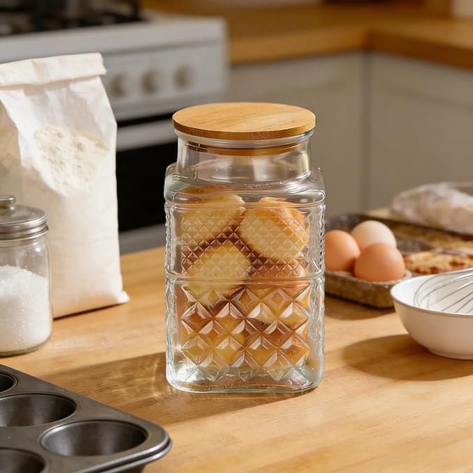 Large Glass Storage Jar, 2 Pack 60 FL OZ Glass Food Storage Containers with Bamboo Lid, Kitchen Laundry Room Organization Jar for Cookies Coffee Flour Sugar Laundry Pods Detergent Airtight Glass Jars