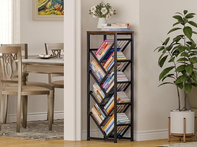Cutogxon Tree Bookshelf - 9 Tier Visual Metal Floor Standing Book Shelf with Wooden Top for Living Room Bedroom Black
